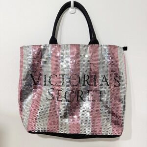 Victoria's Secret Weekender Overnight Pink Silver Stripe Sequin Shimmer Tote Bag